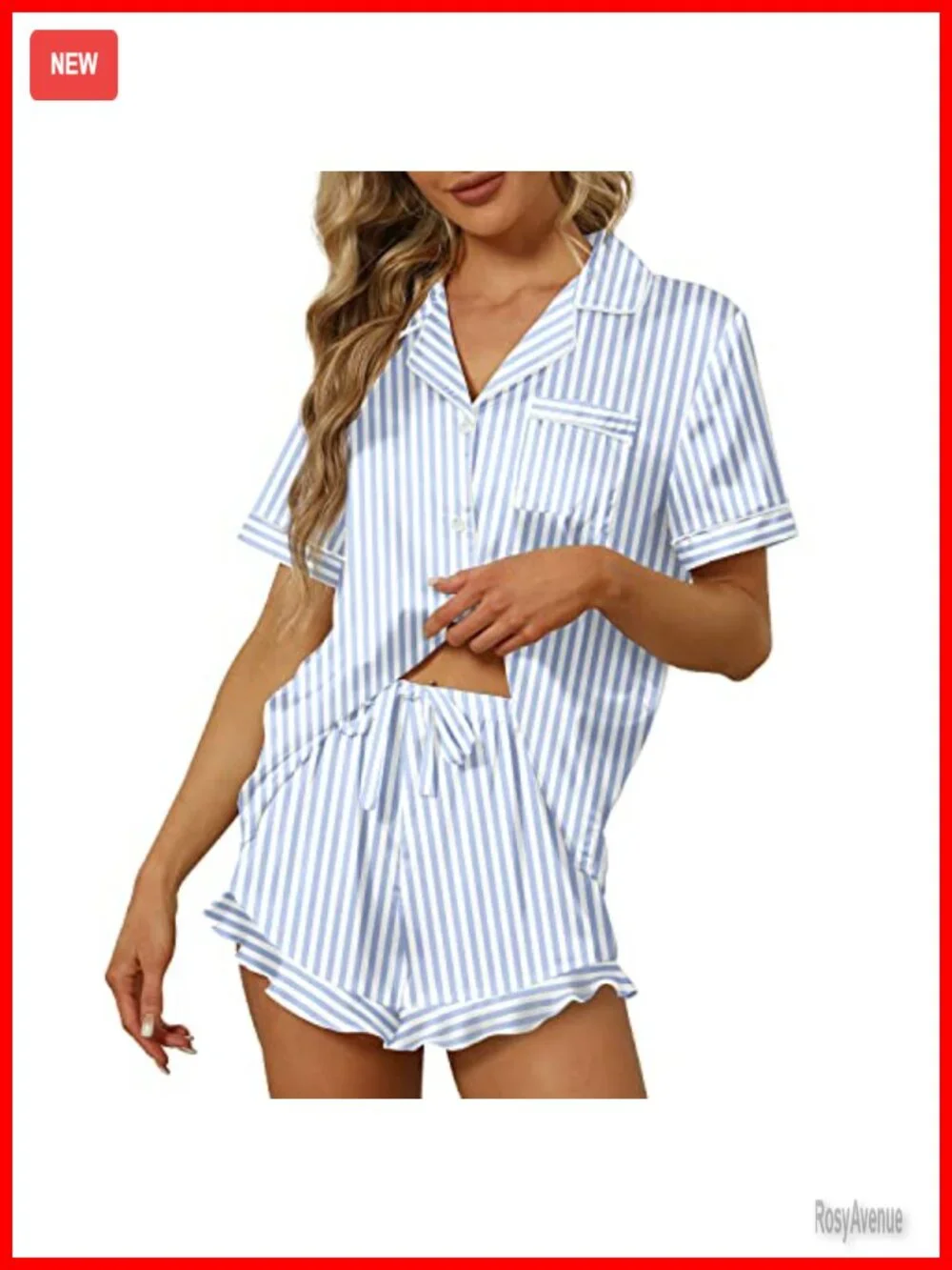 Satin Silk Pajama Set for Women - Ruffle Notch Collar Button Down Short Sleeve